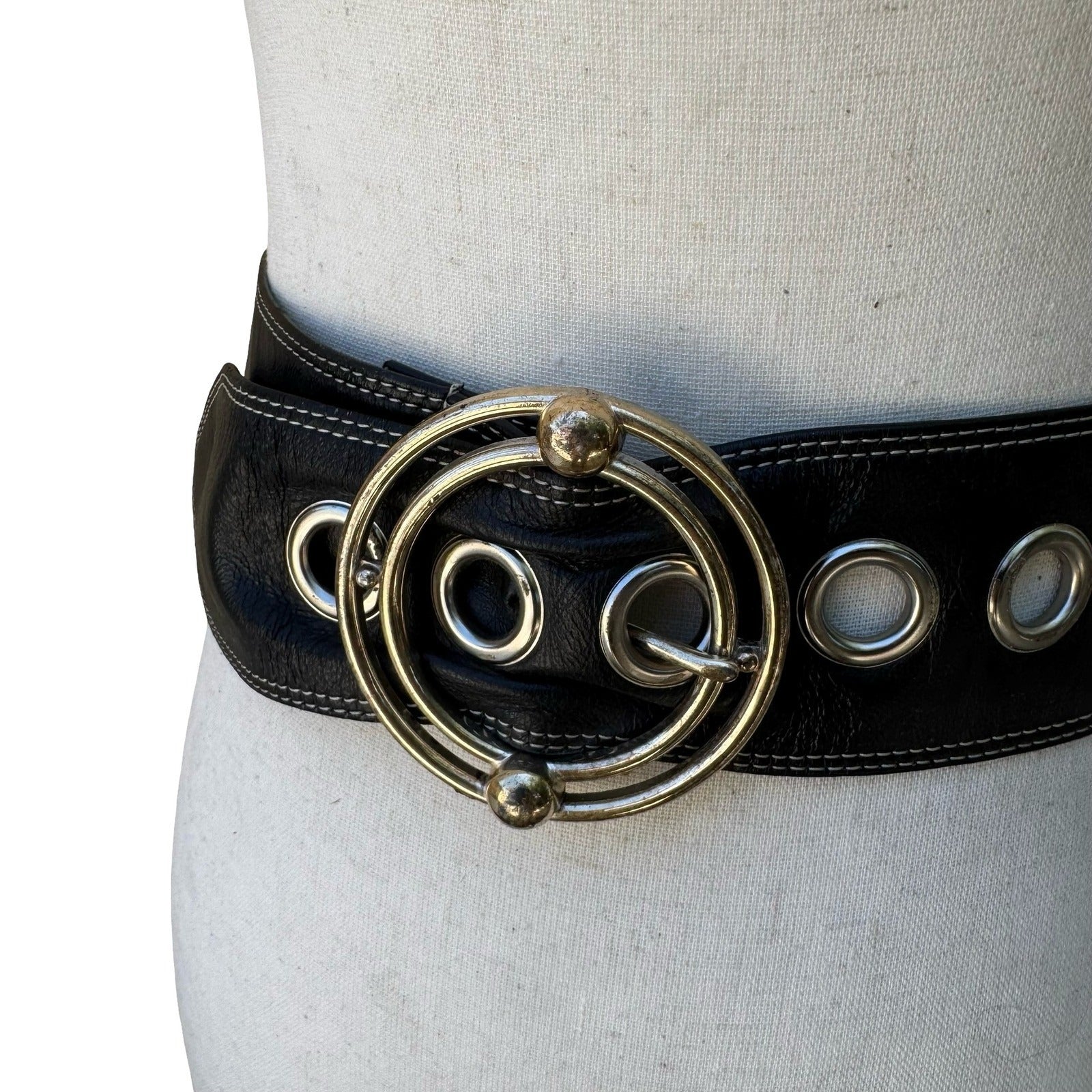 Tracy Reese Y2K Designer Edgy Boho Black Leather Wide Belt Orbital Buckle S