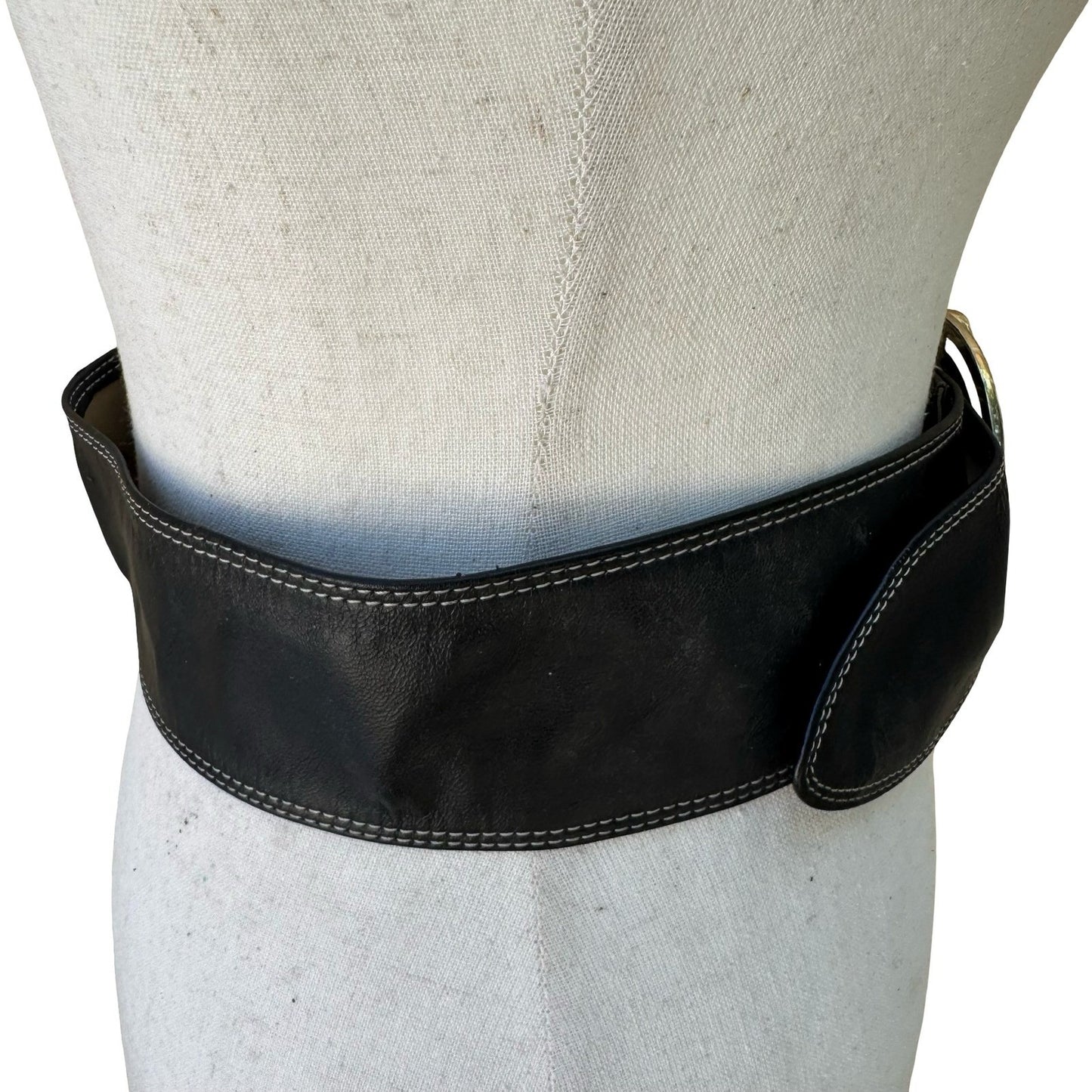 Tracy Reese Y2K Designer Edgy Boho Black Leather Wide Belt Orbital Buckle S