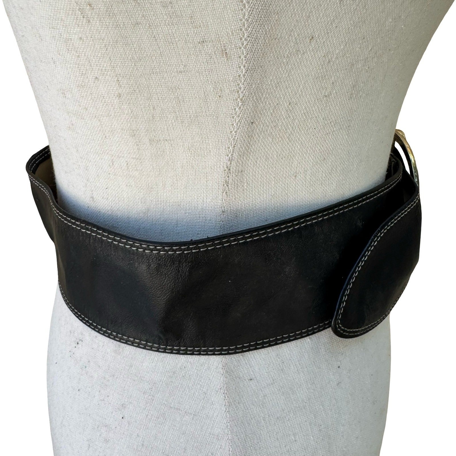 Tracy Reese Y2K Designer Edgy Boho Black Leather Wide Belt Orbital Buckle S
