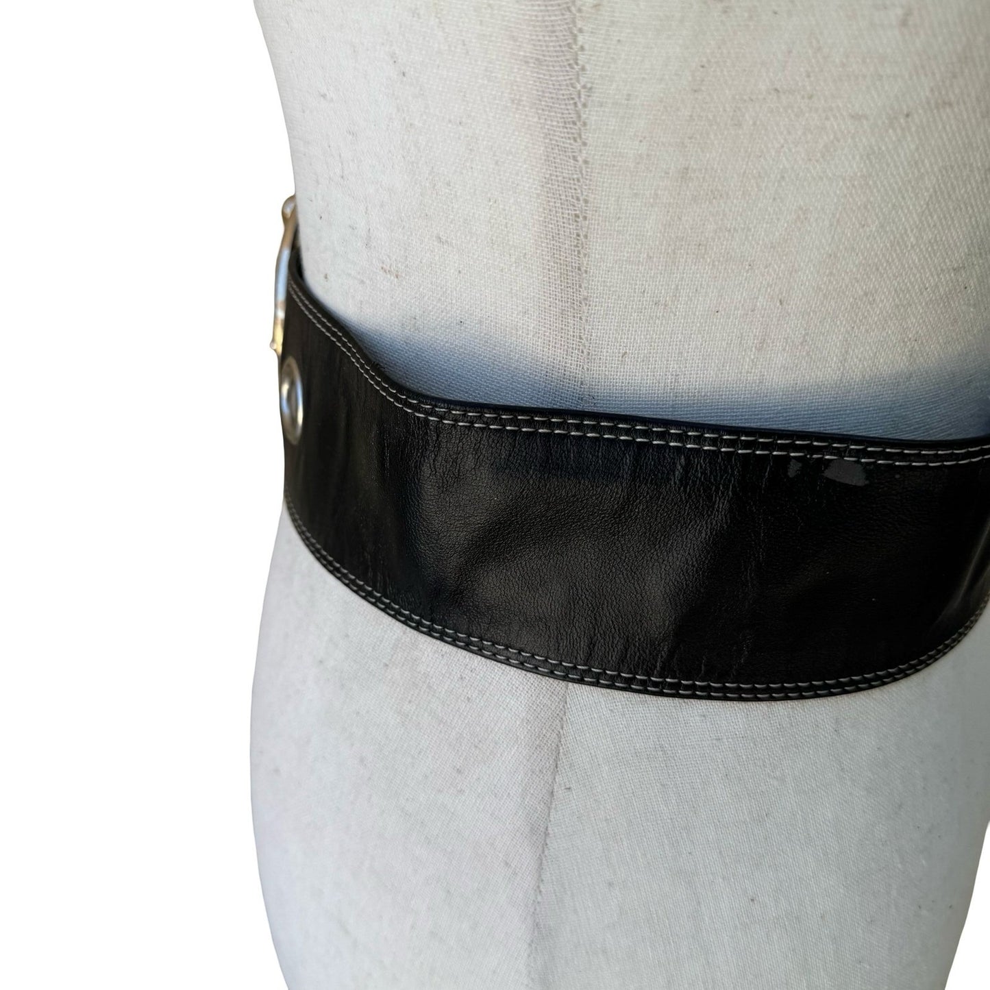 Tracy Reese Y2K Designer Edgy Boho Black Leather Wide Belt Orbital Buckle S