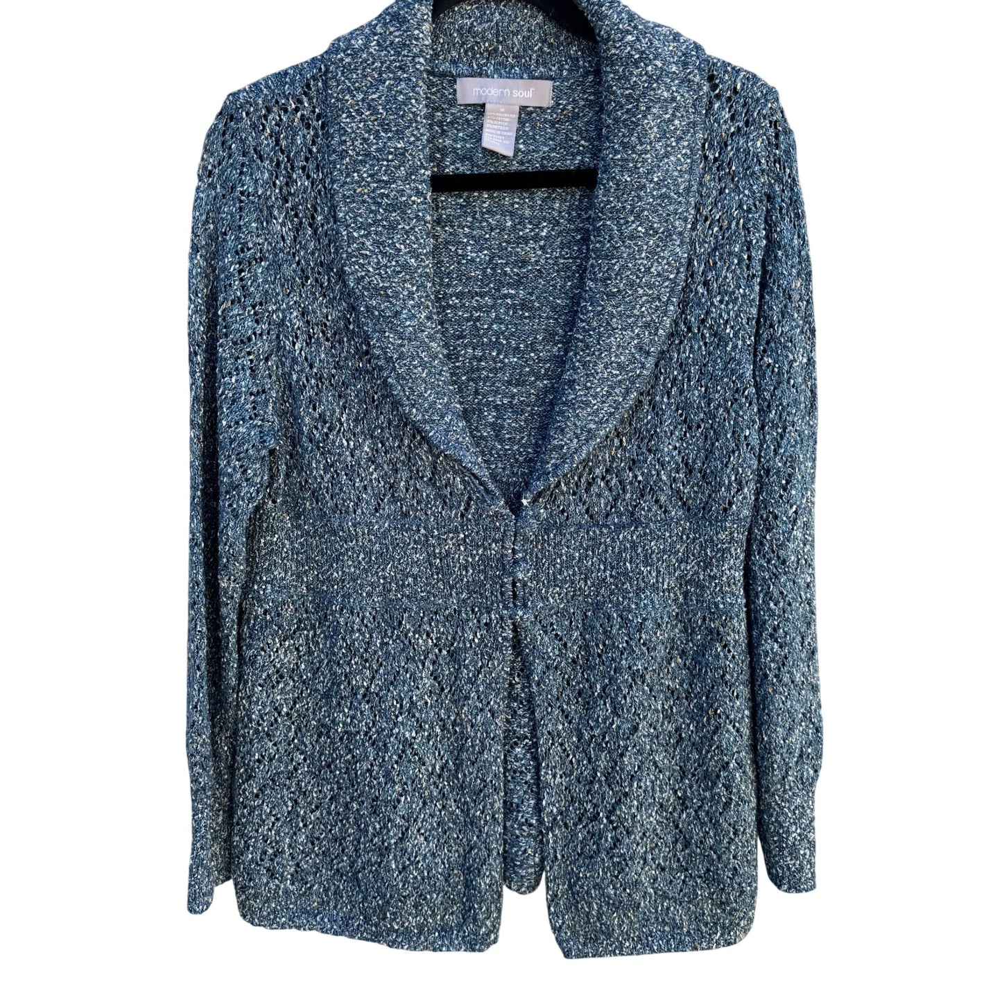 Modern Soul Womens Shawl Collar Blue Metallic Open Knit Cardigan Sweater Jacket M