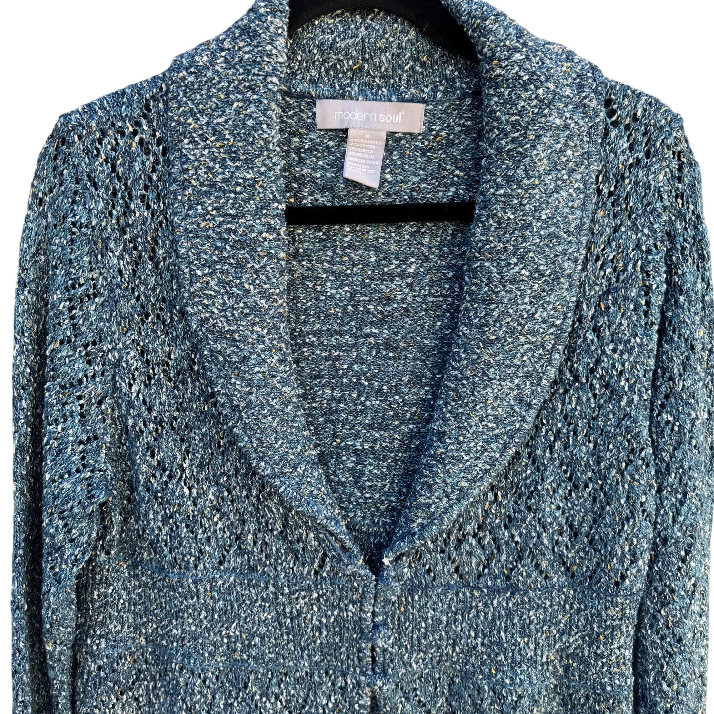 Modern Soul Womens Shawl Collar Blue Metallic Open Knit Cardigan Sweater Jacket M