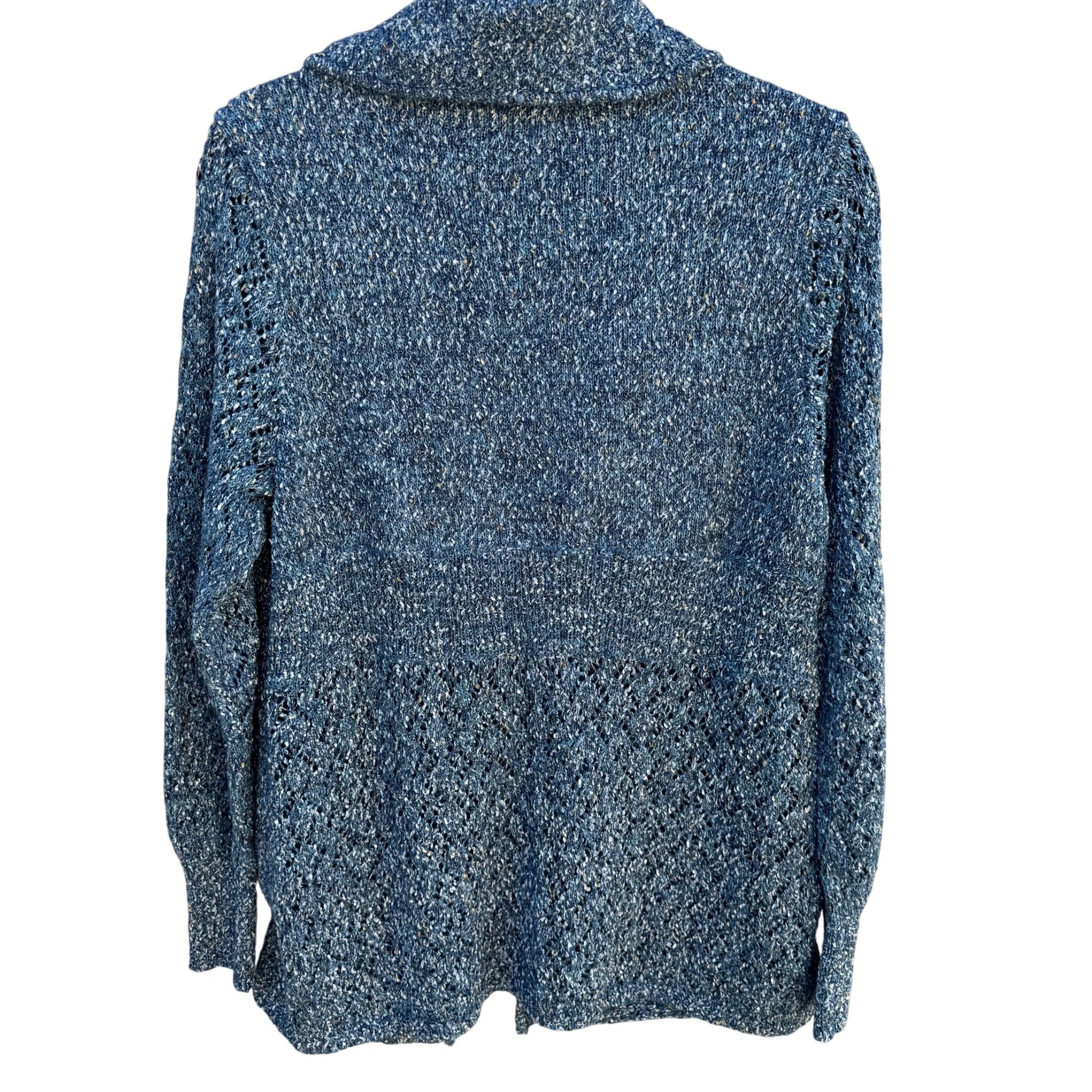 Modern Soul Womens Shawl Collar Blue Metallic Open Knit Cardigan Sweater Jacket M