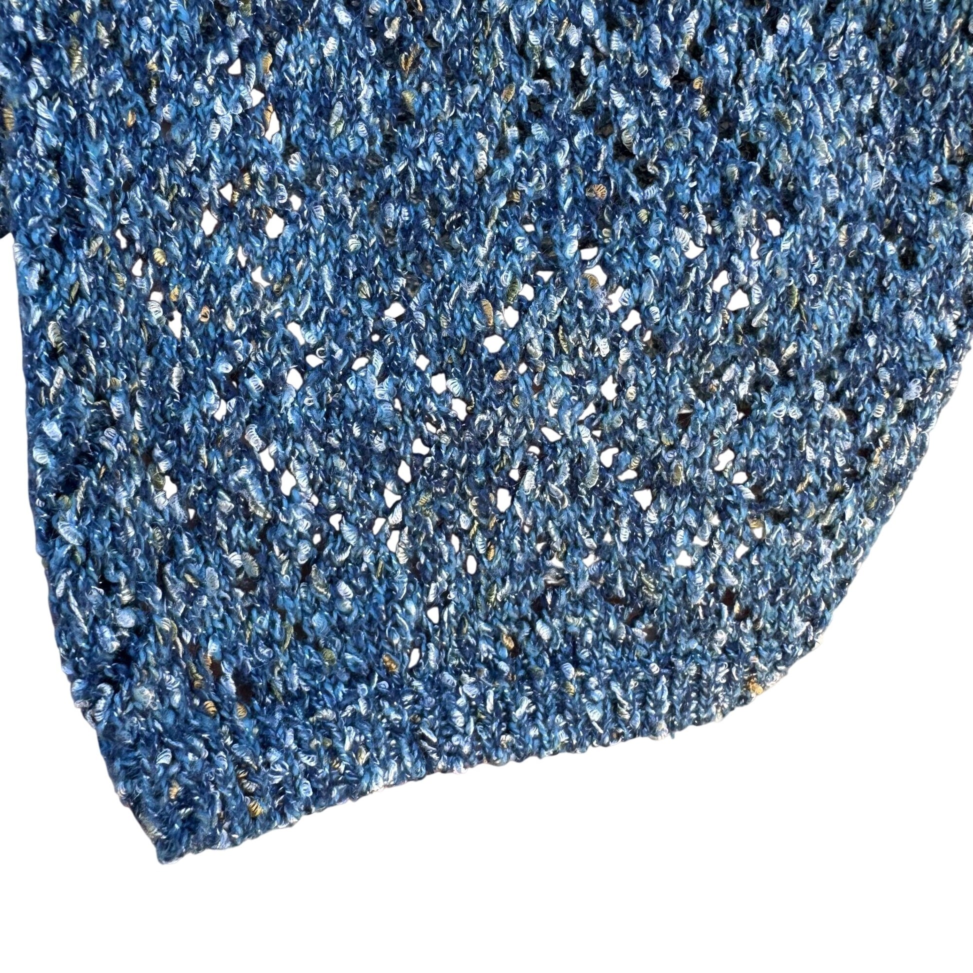 Modern Soul Womens Shawl Collar Blue Metallic Open Knit Cardigan Sweater Jacket M