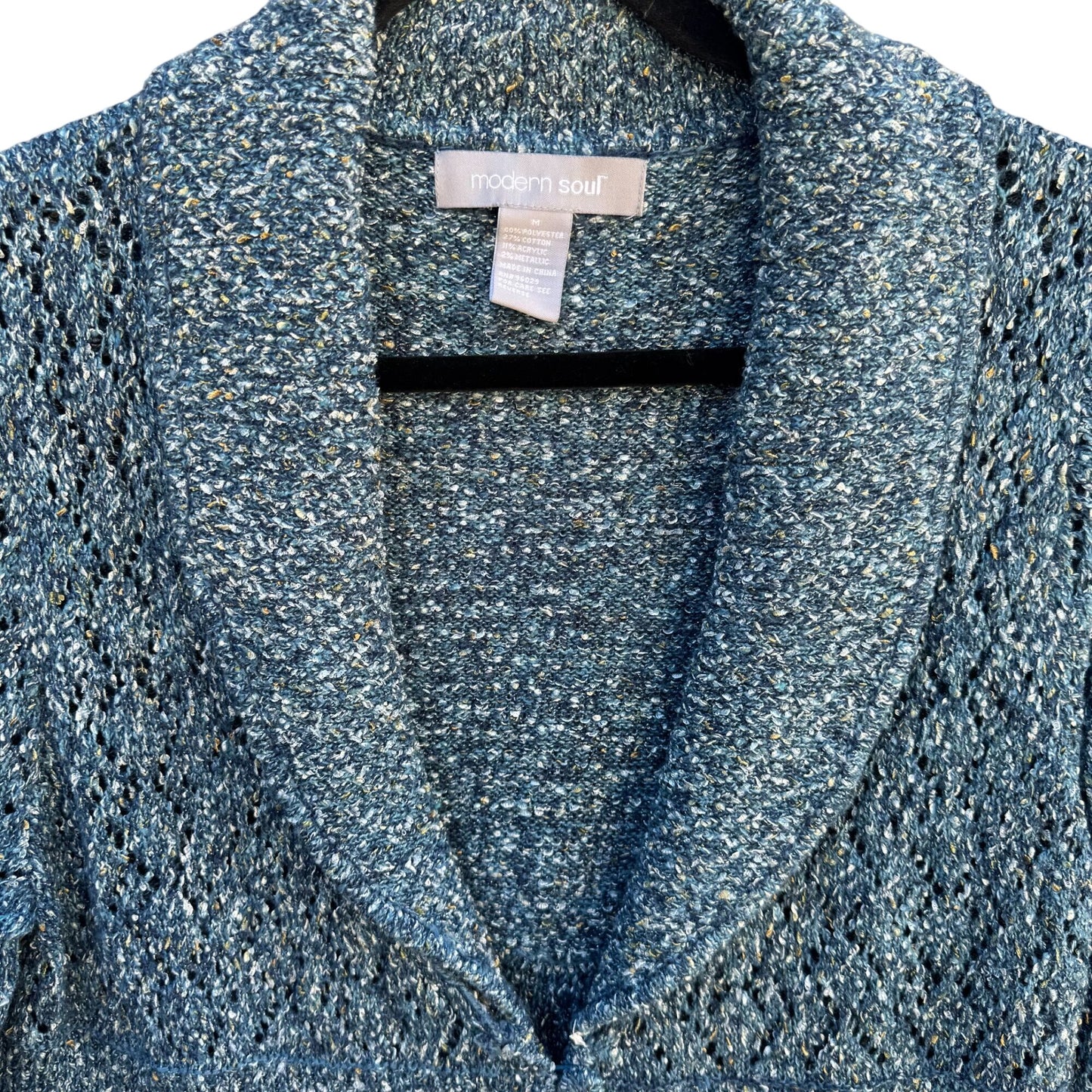 Modern Soul Womens Shawl Collar Blue Metallic Open Knit Cardigan Sweater Jacket M
