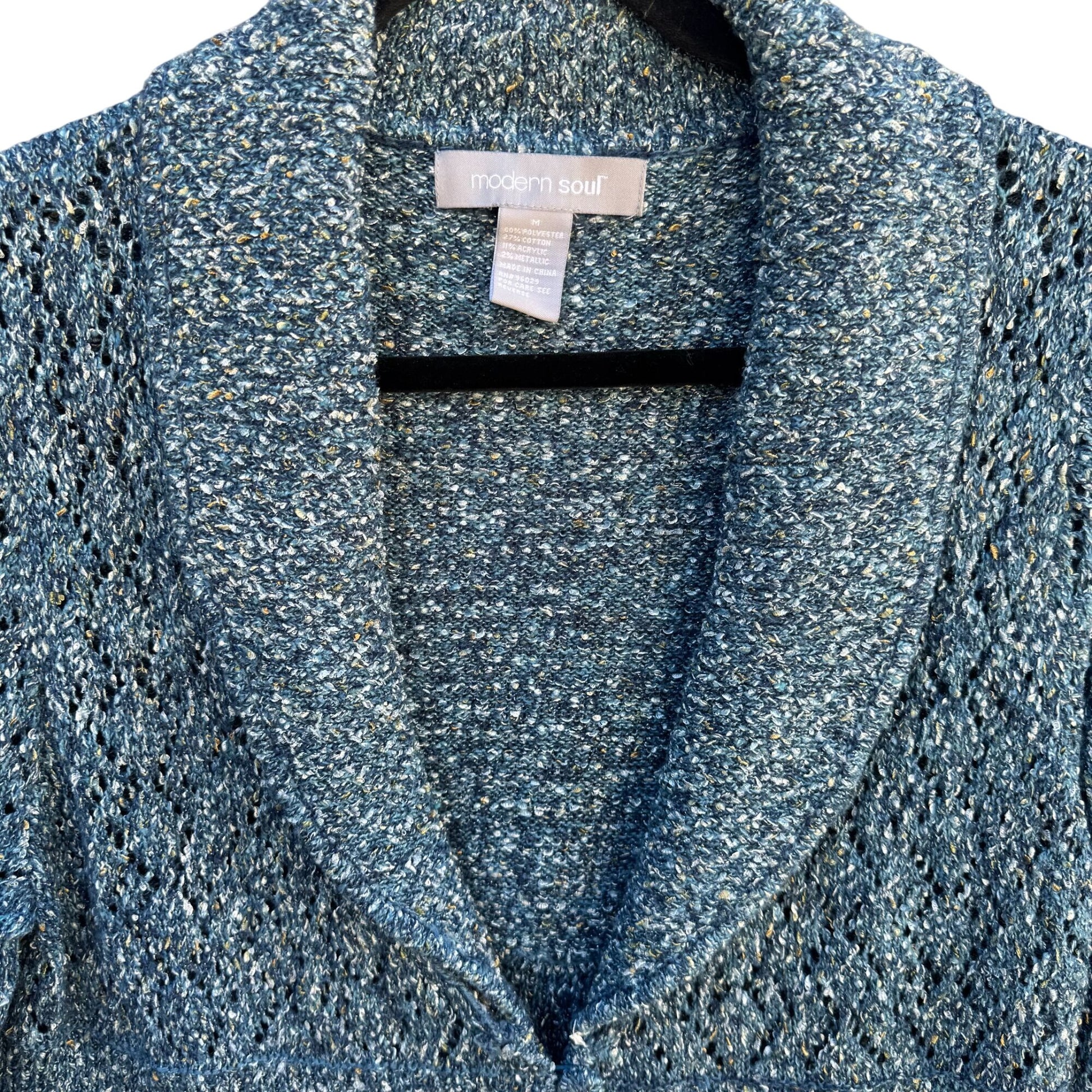 Modern Soul Womens Shawl Collar Blue Metallic Open Knit Cardigan Sweater Jacket M