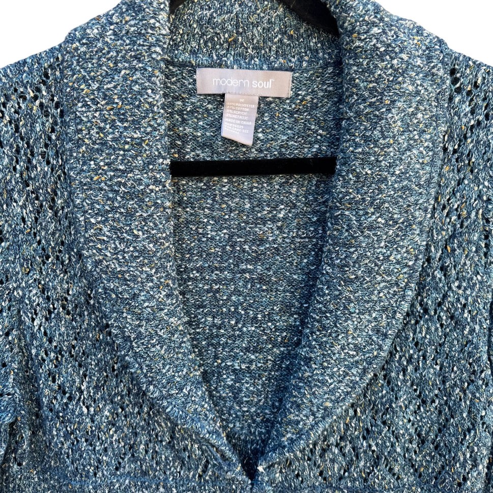 Modern Soul Womens Shawl Collar Blue Metallic Open Knit Cardigan Sweater Jacket M