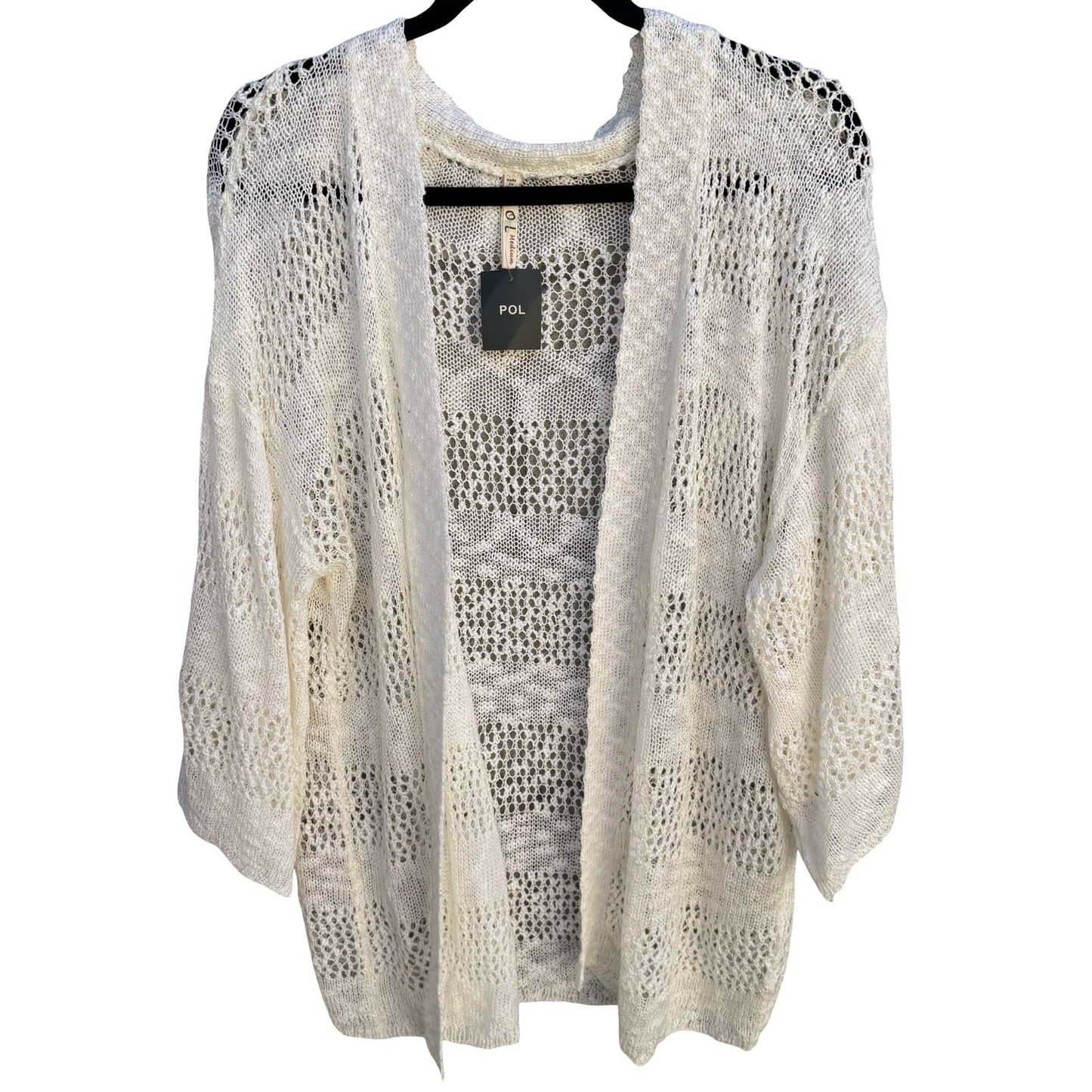 POL Womens Open Knit Cardigan Cream Ivory Crochet Style Kimono Sleeve Medium NEW