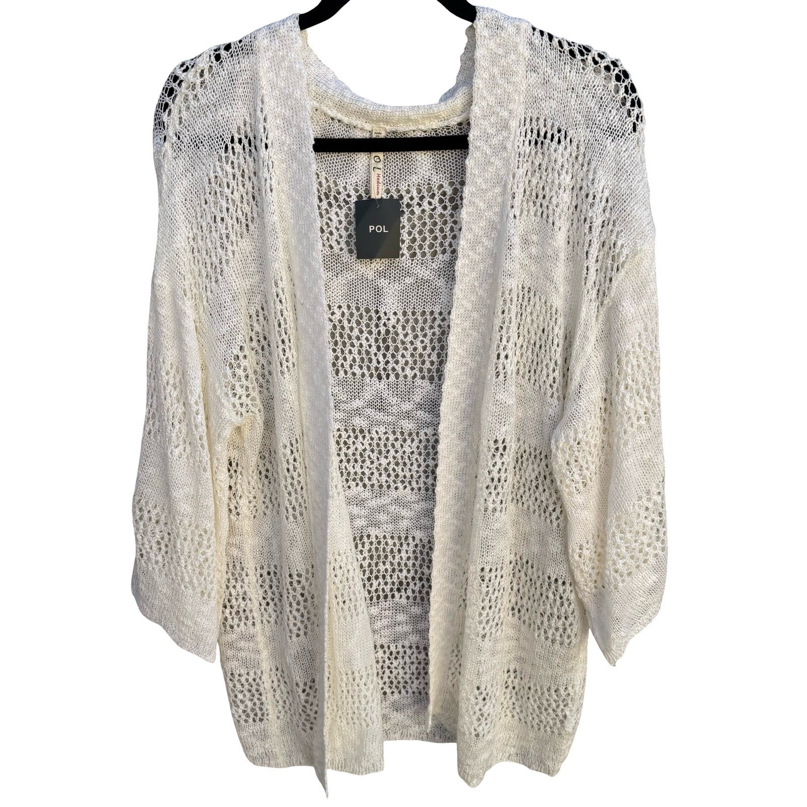POL Womens Open Knit Cardigan Cream Ivory Crochet Style Kimono Sleeve Medium NEW