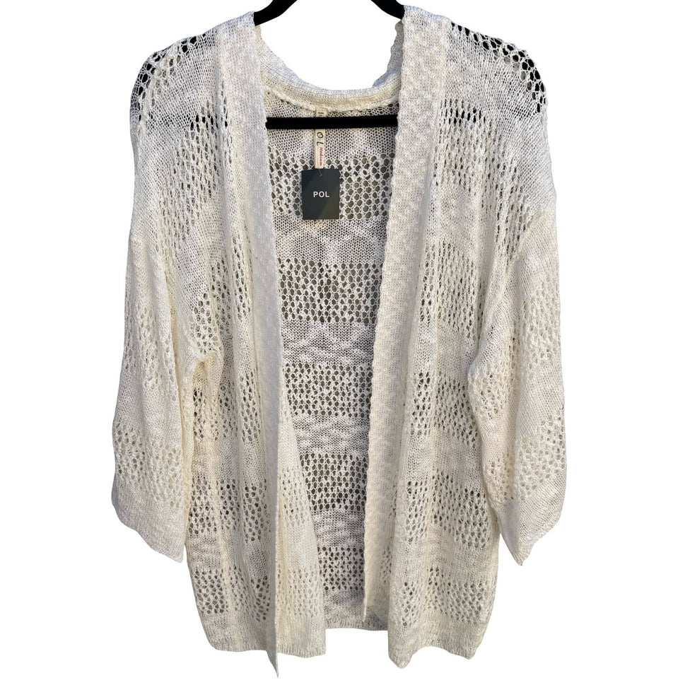 POL Womens Open Knit Cardigan Cream Ivory Crochet Style Kimono Sleeve Medium NEW