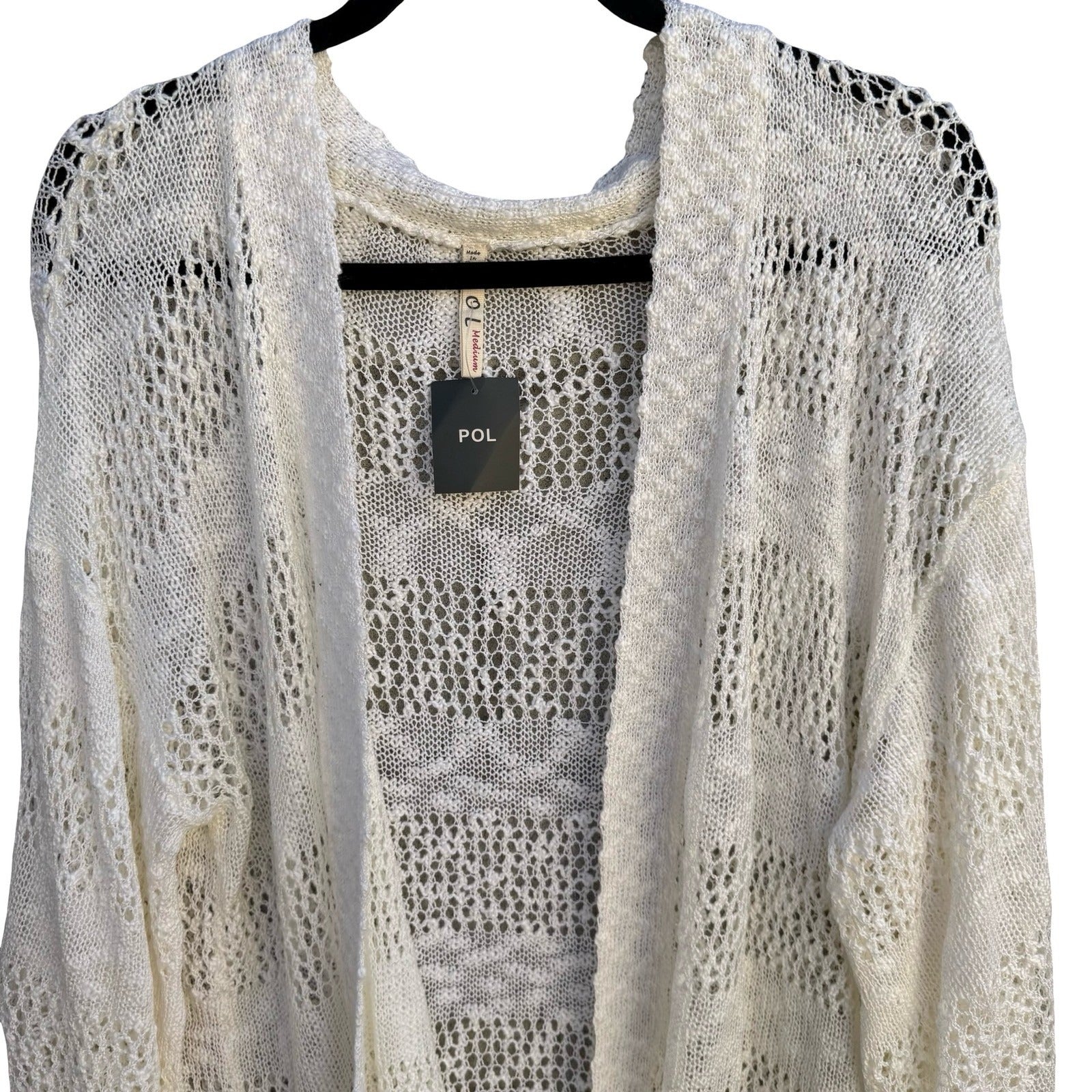 POL Womens Open Knit Cardigan Cream Ivory Crochet Style Kimono Sleeve Medium NEW