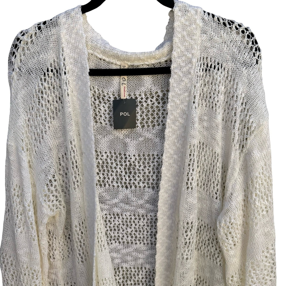 POL Womens Open Knit Cardigan Cream Ivory Crochet Style Kimono Sleeve Medium NEW