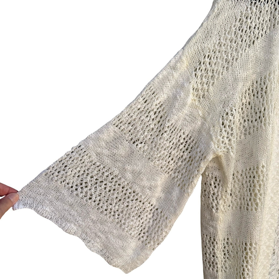 POL Womens Open Knit Cardigan Cream Ivory Crochet Style Kimono Sleeve Medium NEW