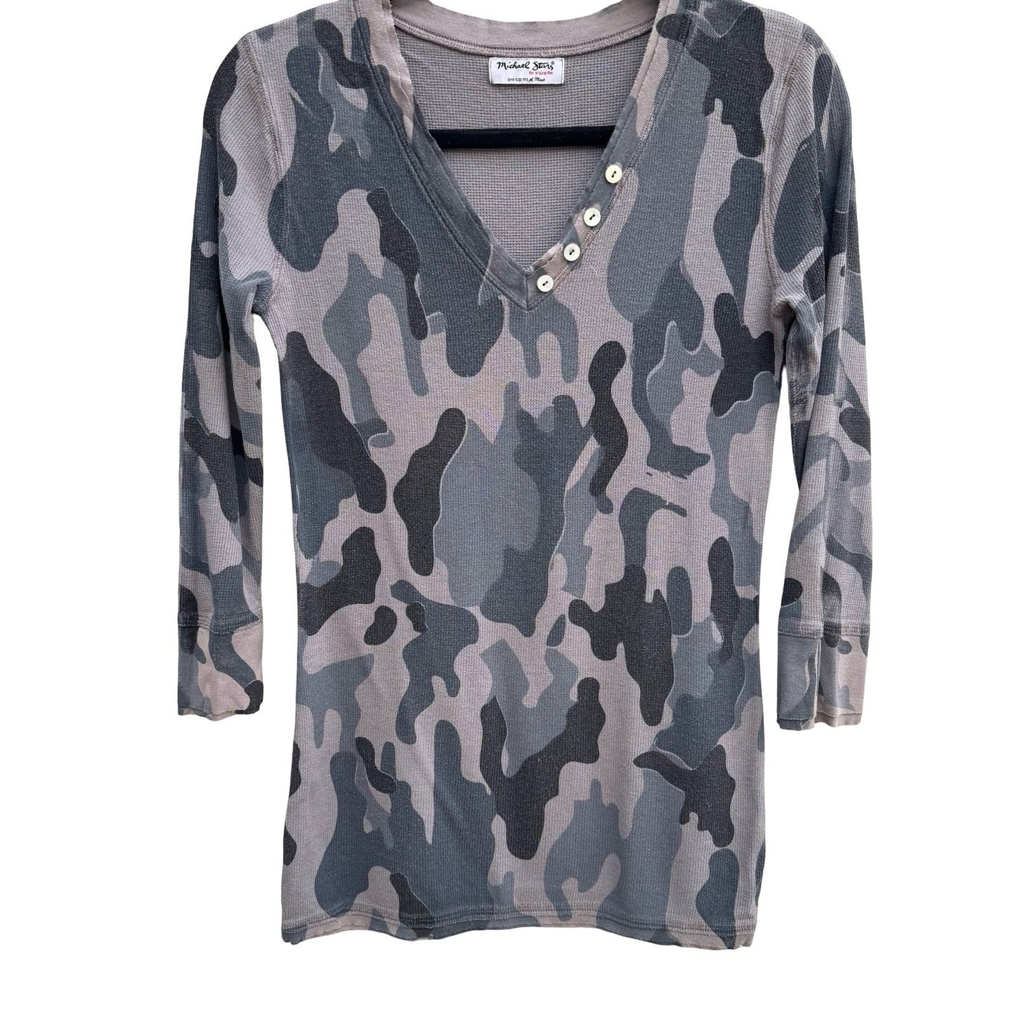 Michael Stars Y2K Grey Camo Waffle Knit Thermal V-Neck Henley Top OS Gorpcore