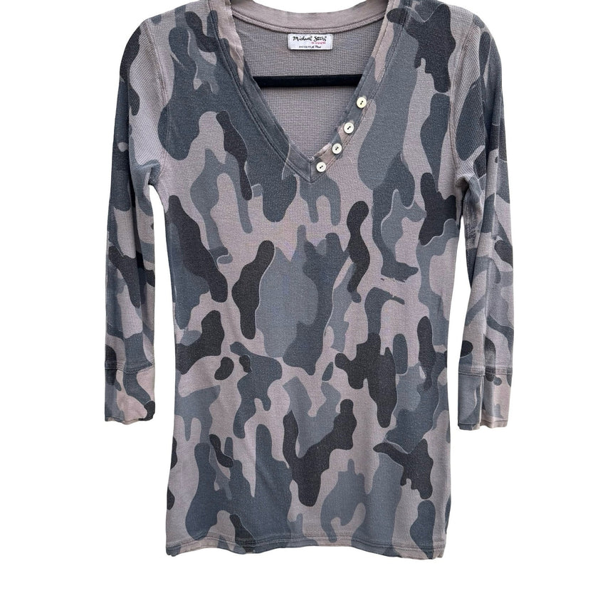 Michael Stars Y2K Grey Camo Waffle Knit Thermal V-Neck Henley Top OS Gorpcore