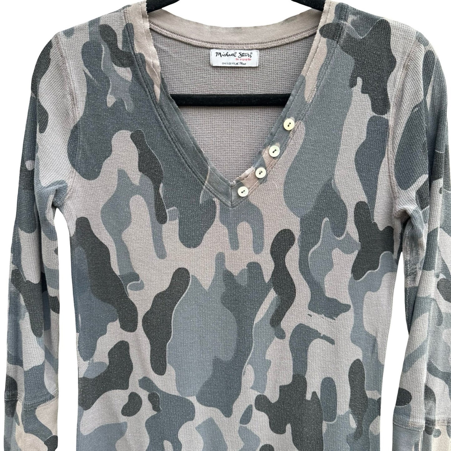 Michael Stars Y2K Grey Camo Waffle Knit Thermal V-Neck Henley Top OS Gorpcore