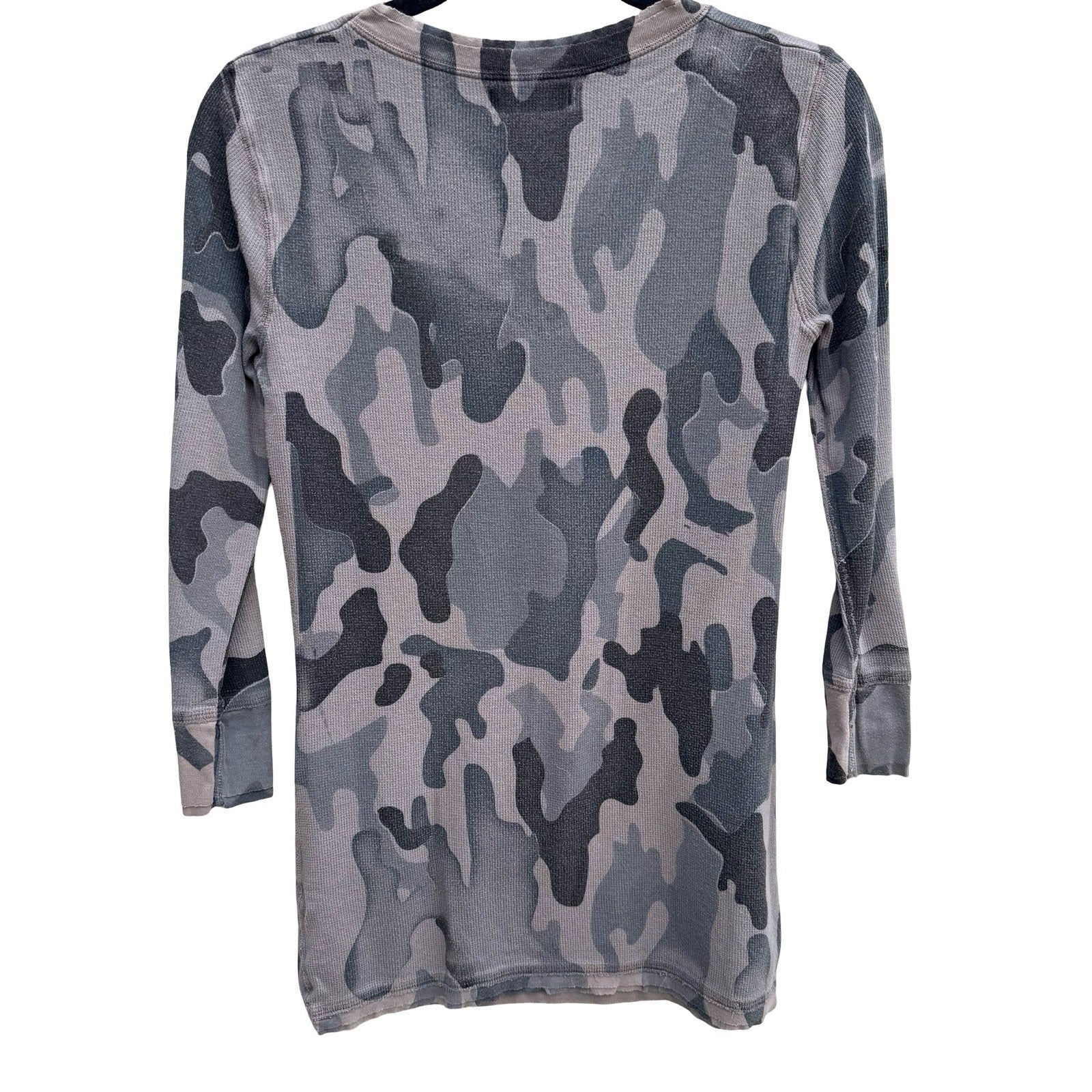 Michael Stars Y2K Grey Camo Waffle Knit Thermal V-Neck Henley Top OS Gorpcore