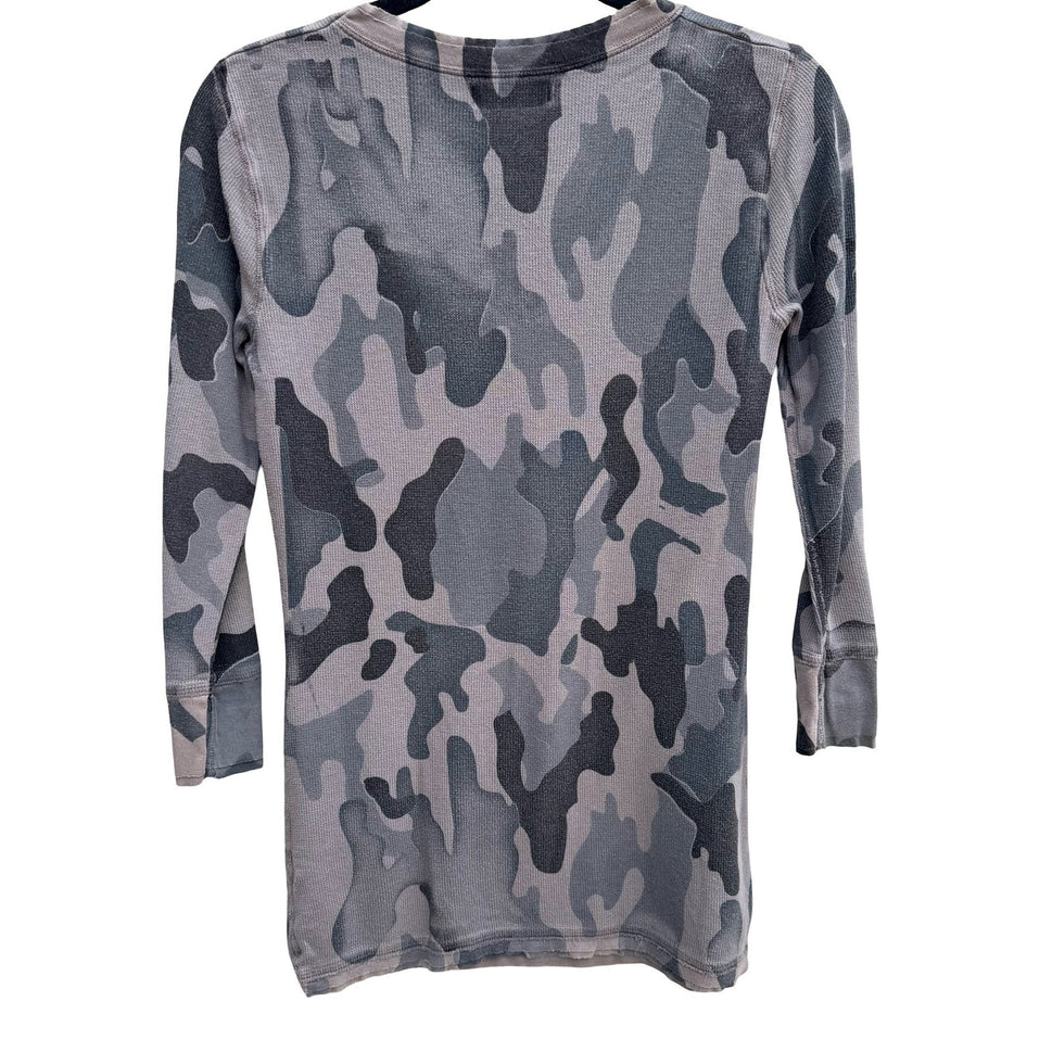 Michael Stars Y2K Grey Camo Waffle Knit Thermal V-Neck Henley Top OS Gorpcore