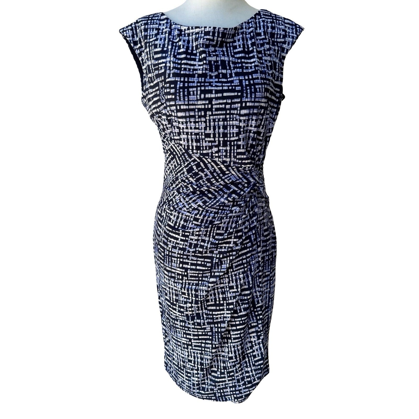 Chaps Minimalist Preppy Geometric Grid Knot Waist Sleeveless Sheath Dress M NEW