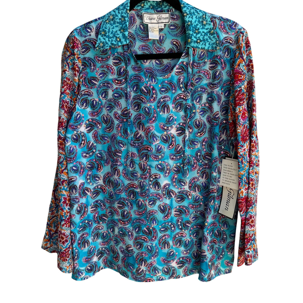 Diane Gilman Silk Paisley Long Sleeve Sequins Beads Shirt Blouse Tunic New S