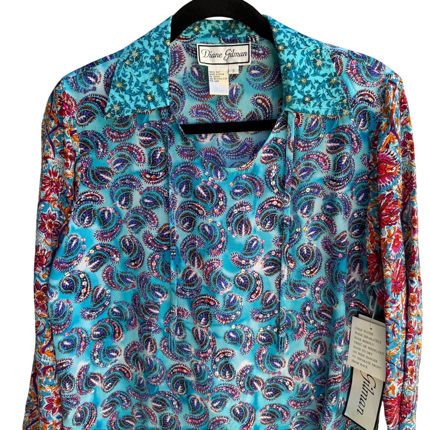 Diane Gilman Silk Paisley Long Sleeve Sequins Beads Shirt Blouse Tunic New S