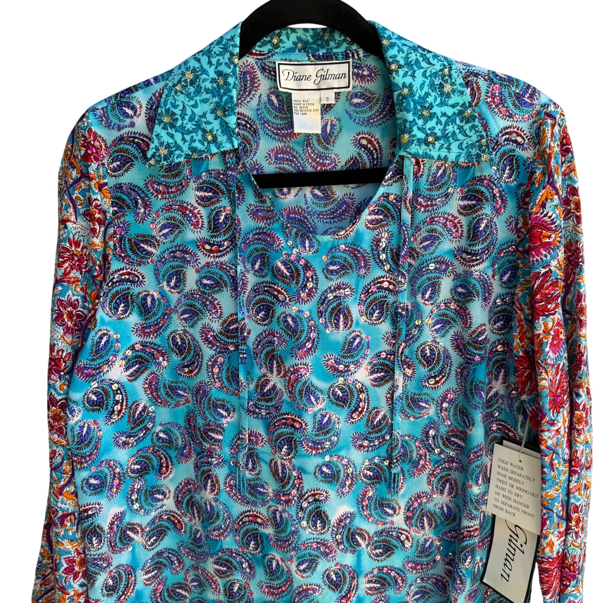 Diane Gilman Silk Paisley Long Sleeve Sequins Beads Shirt Blouse Tunic New S