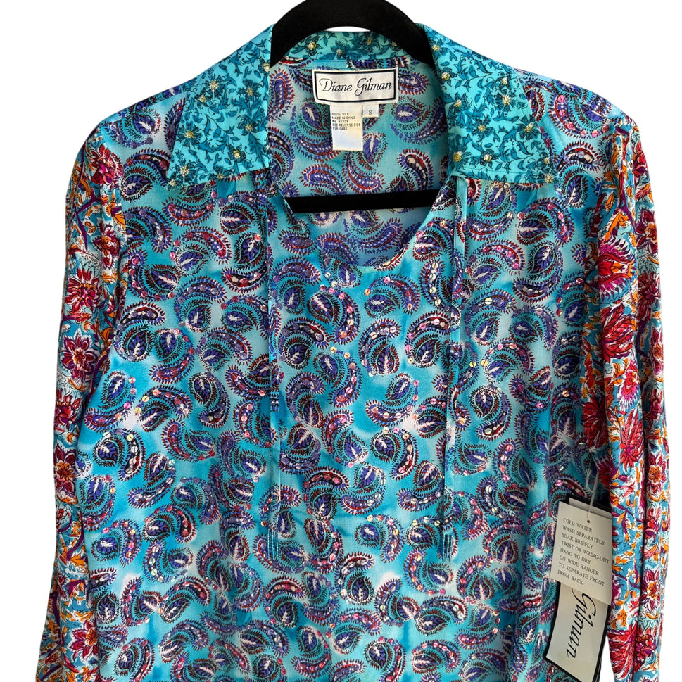 Diane Gilman Silk Paisley Long Sleeve Sequins Beads Shirt Blouse Tunic New S