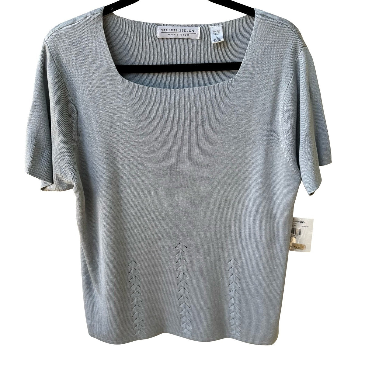 Valerie Stevens Pure Silk Square Neck Pointelle Knit Sweater Pastel Blue XL NEW