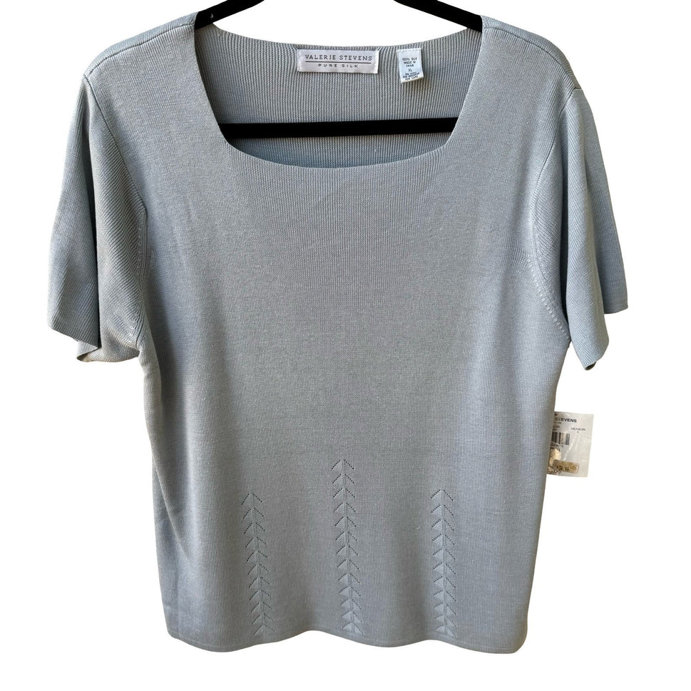 Valerie Stevens Pure Silk Square Neck Pointelle Knit Sweater Pastel Blue XL NEW