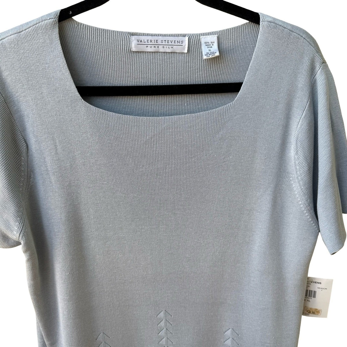 Valerie Stevens Pure Silk Square Neck Pointelle Knit Sweater Pastel Blue XL NEW