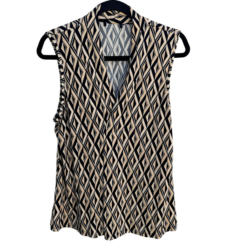 Worthington Geometric Diamond Print Mod Sleeveless V-Neck Blouse Tan Black Small