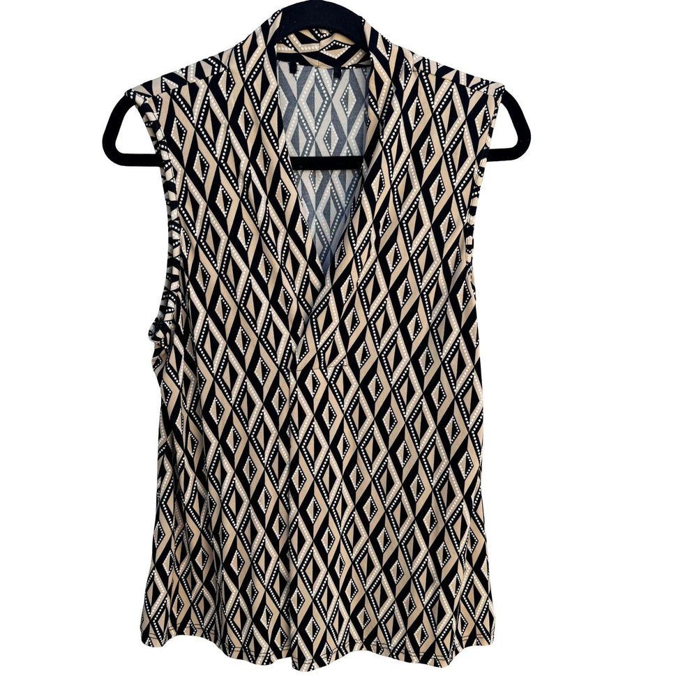 Worthington Geometric Diamond Print Mod Sleeveless V-Neck Blouse Tan Black Small
