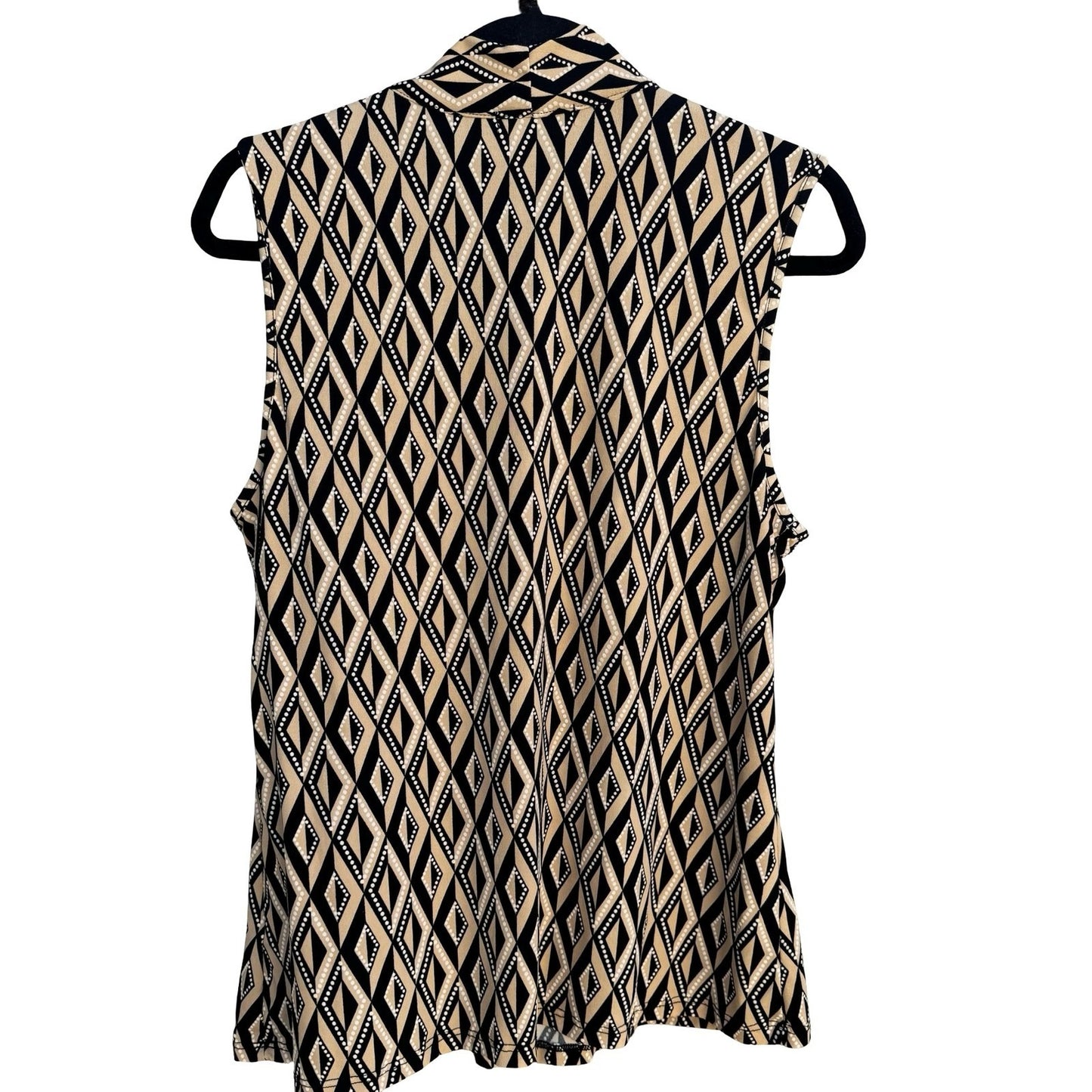 Worthington Geometric Diamond Print Mod Sleeveless V-Neck Blouse Tan Black Small