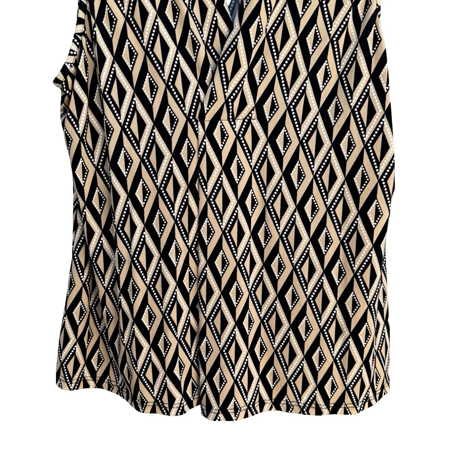 Worthington Geometric Diamond Print Mod Sleeveless V-Neck Blouse Tan Black Small