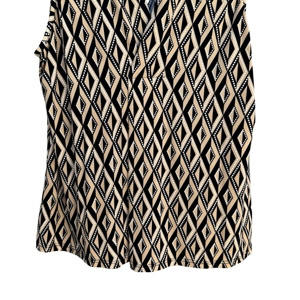 Worthington Geometric Diamond Print Mod Sleeveless V-Neck Blouse Tan Black Small