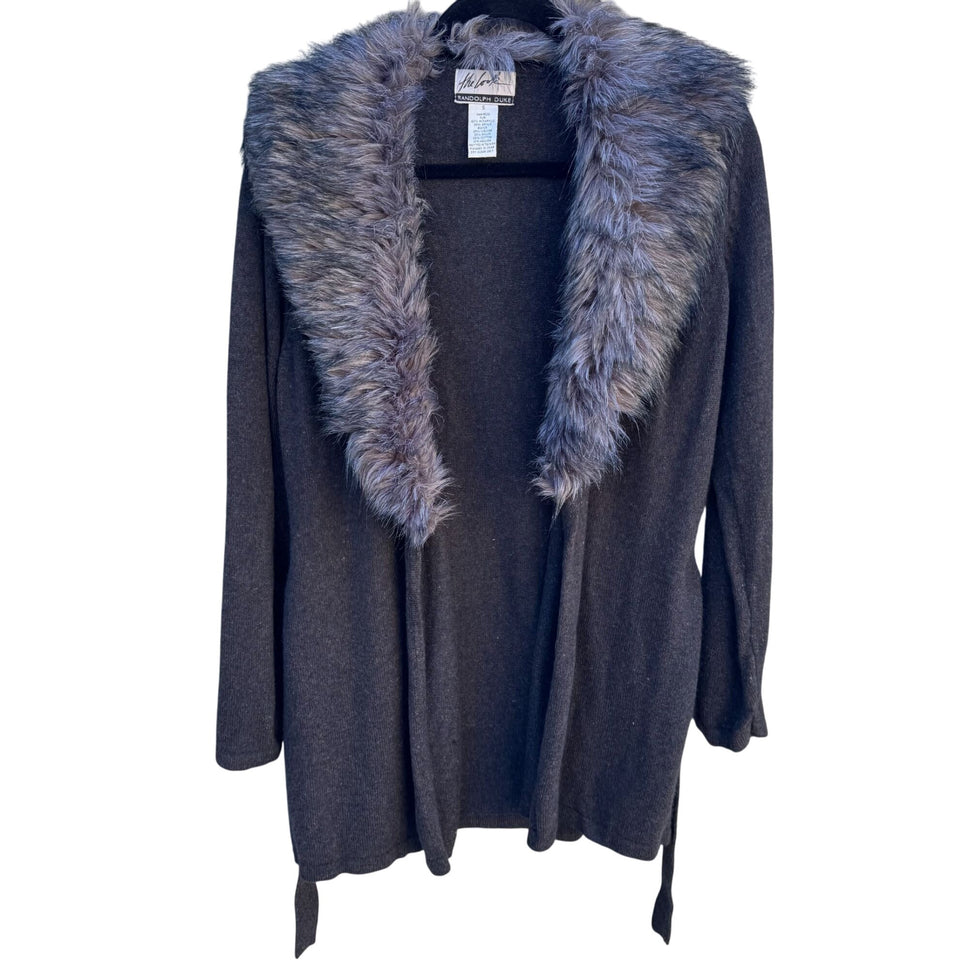 Randolph Duke Faux Fur Removable Trim Open Front Tie Waist Knit Cardigan Sweater