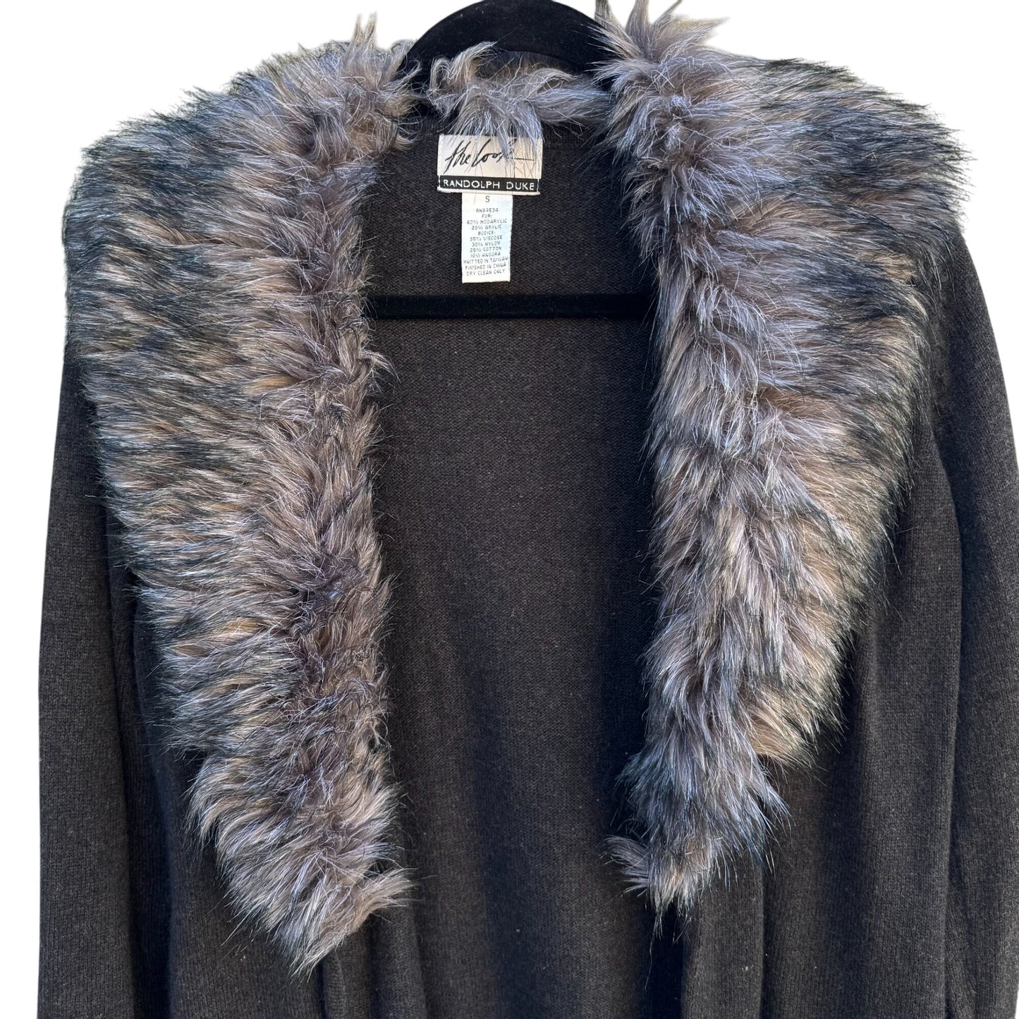 Randolph Duke Faux Fur Removable Trim Open Front Tie Waist Knit Cardigan Sweater
