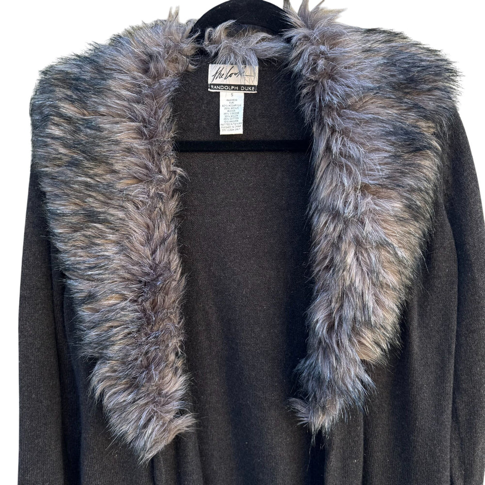 Randolph Duke Faux Fur Removable Trim Open Front Tie Waist Knit Cardigan Sweater