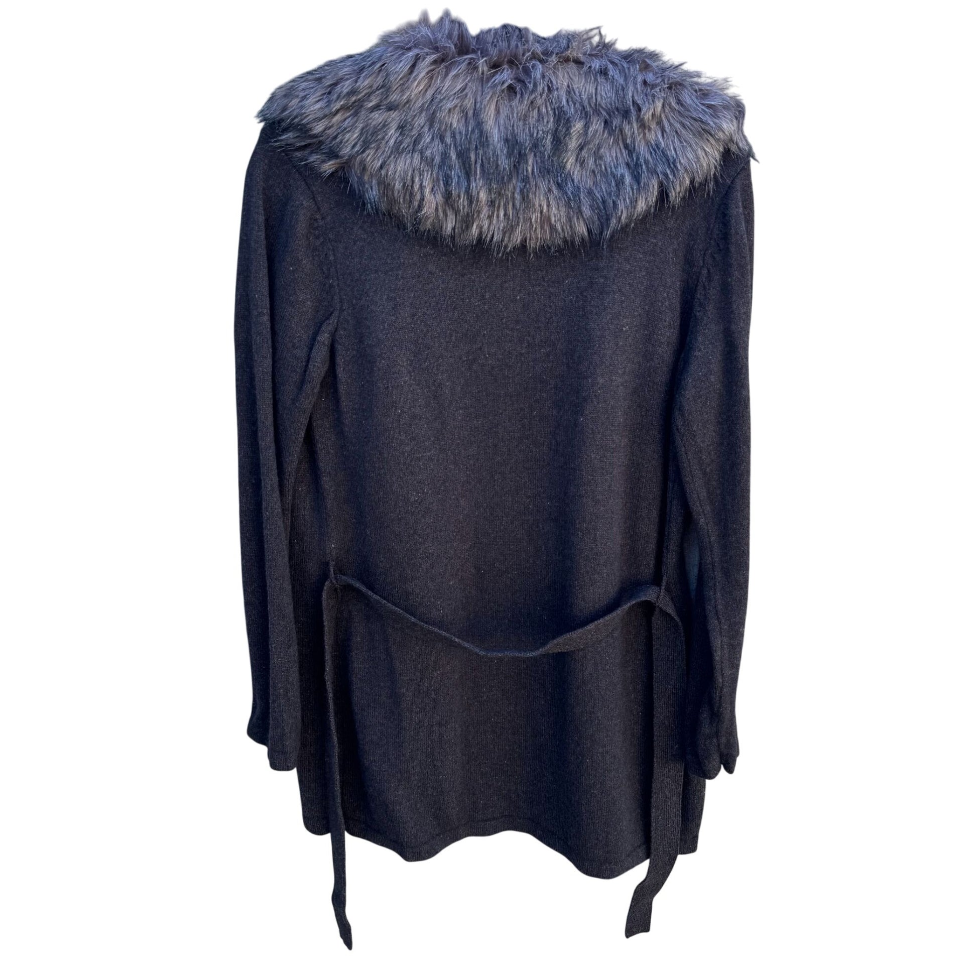 Randolph Duke Faux Fur Removable Trim Open Front Tie Waist Knit Cardigan Sweater