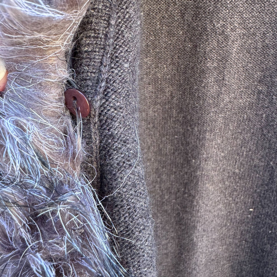 Randolph Duke Faux Fur Removable Trim Open Front Tie Waist Knit Cardigan Sweater