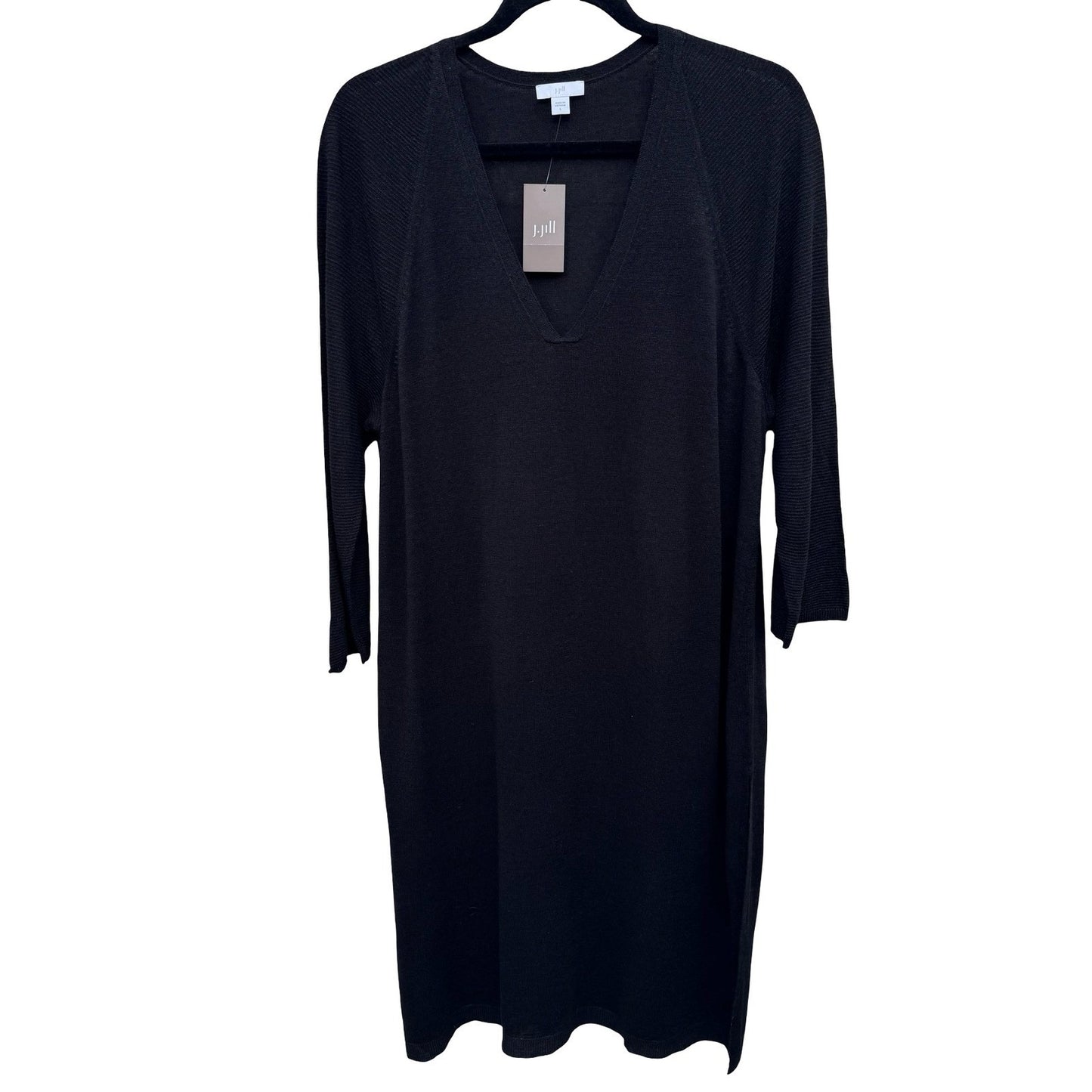 J Jill Minimalist Lagenlook V-Neck Knitwear Midi Sweater Dress Black Women L New