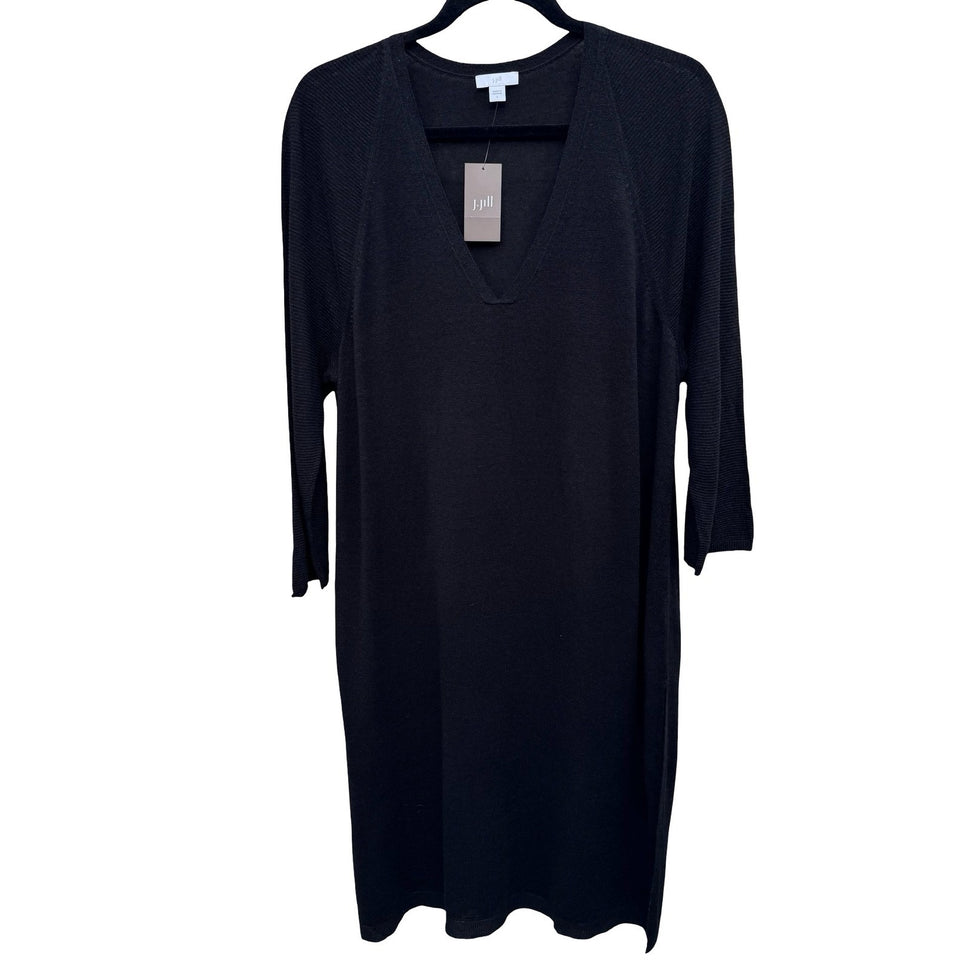 J Jill Minimalist Lagenlook V-Neck Knitwear Midi Sweater Dress Black Women L New