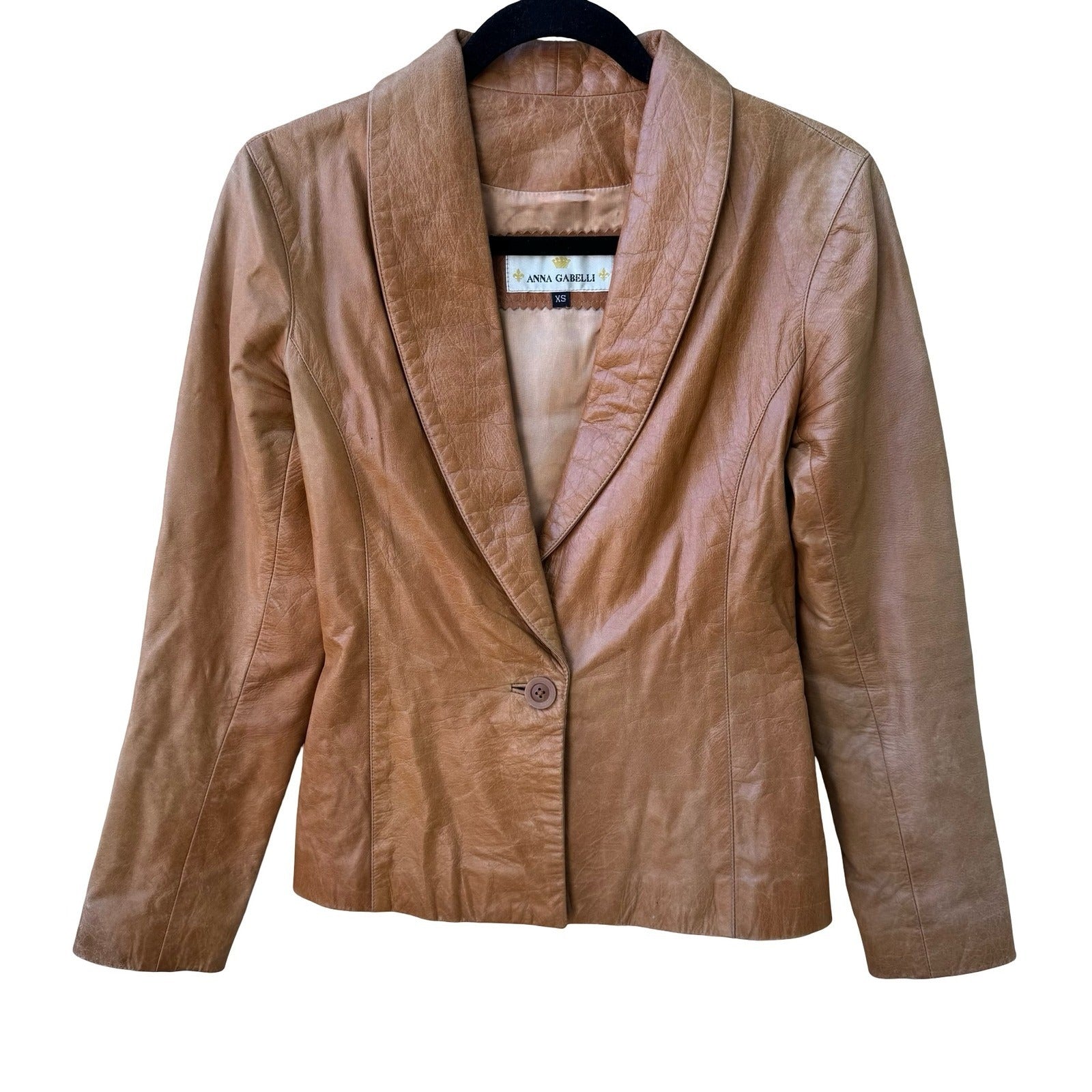 Anna Gabelli Y2K Minimalist Chic Luxury Leather Shawl Lapel Blazer Jacket Tan XS