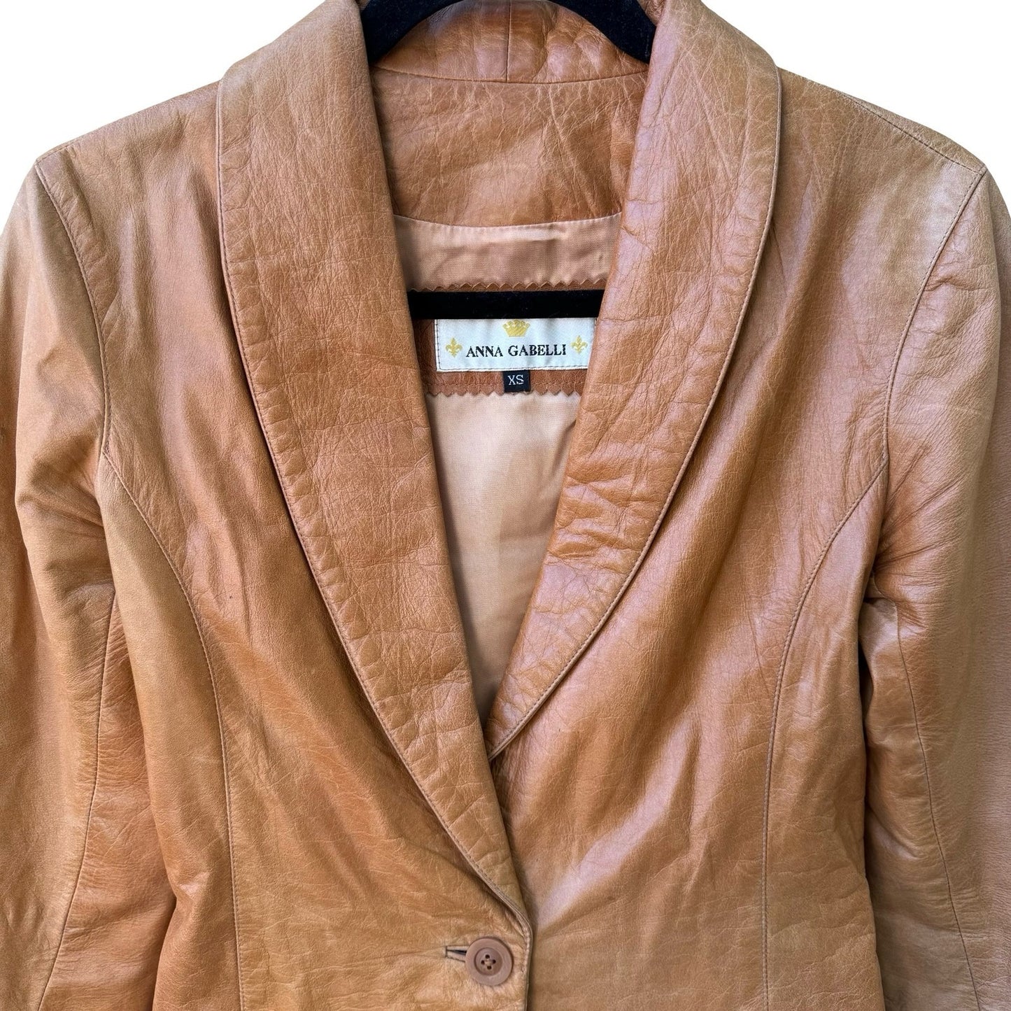 Anna Gabelli Y2K Minimalist Chic Luxury Leather Shawl Lapel Blazer Jacket Tan XS