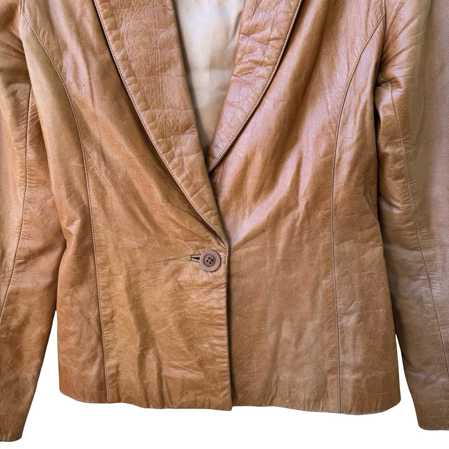 Anna Gabelli Y2K Minimalist Chic Luxury Leather Shawl Lapel Blazer Jacket Tan XS