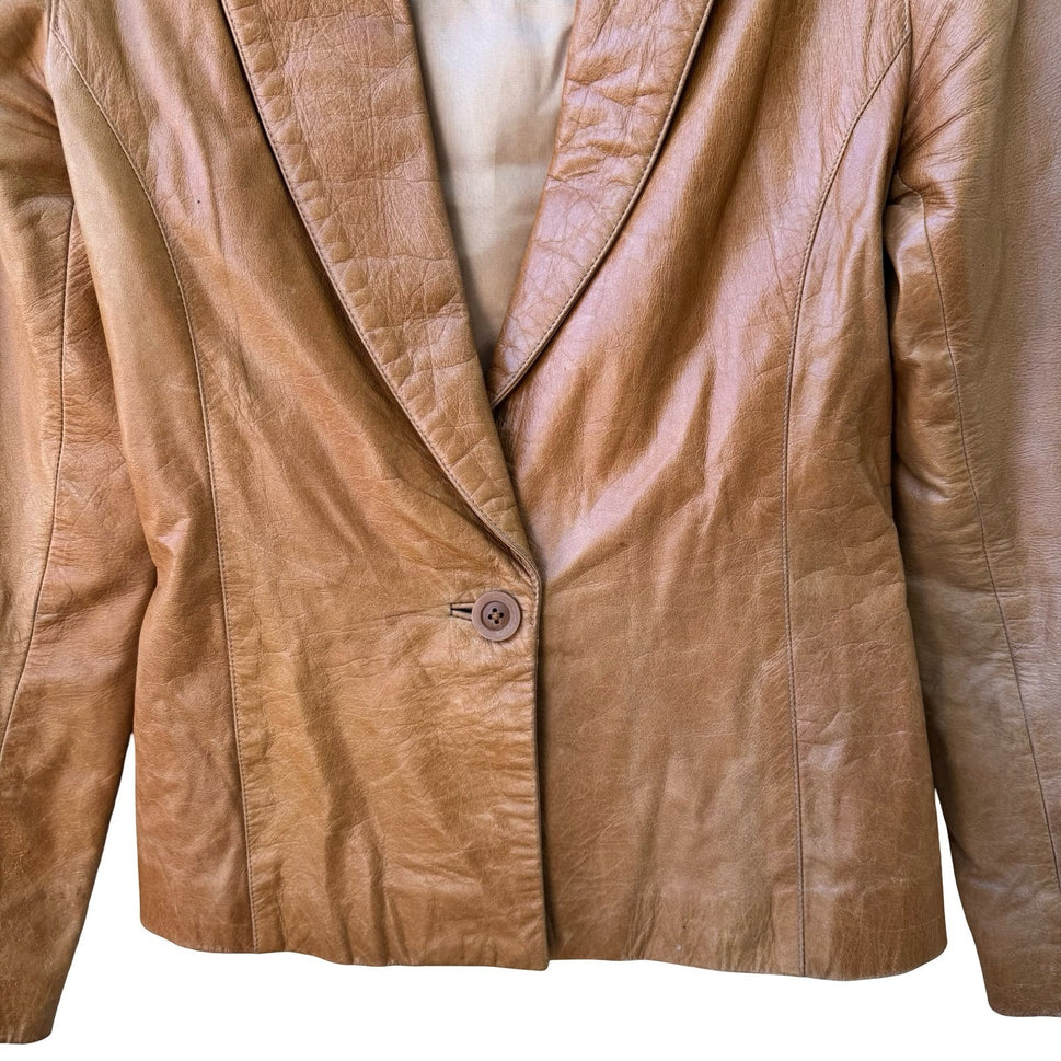 Anna Gabelli Y2K Minimalist Chic Luxury Leather Shawl Lapel Blazer Jacket Tan XS
