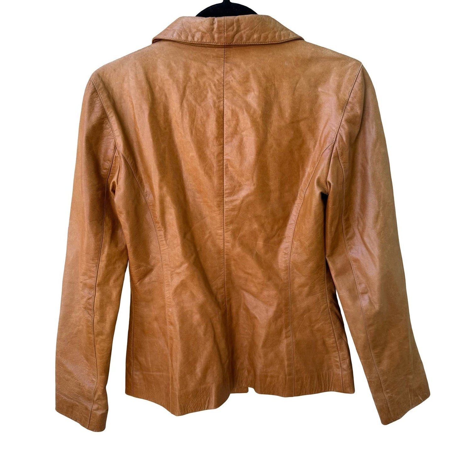 Anna Gabelli Y2K Minimalist Chic Luxury Leather Shawl Lapel Blazer Jacket Tan XS