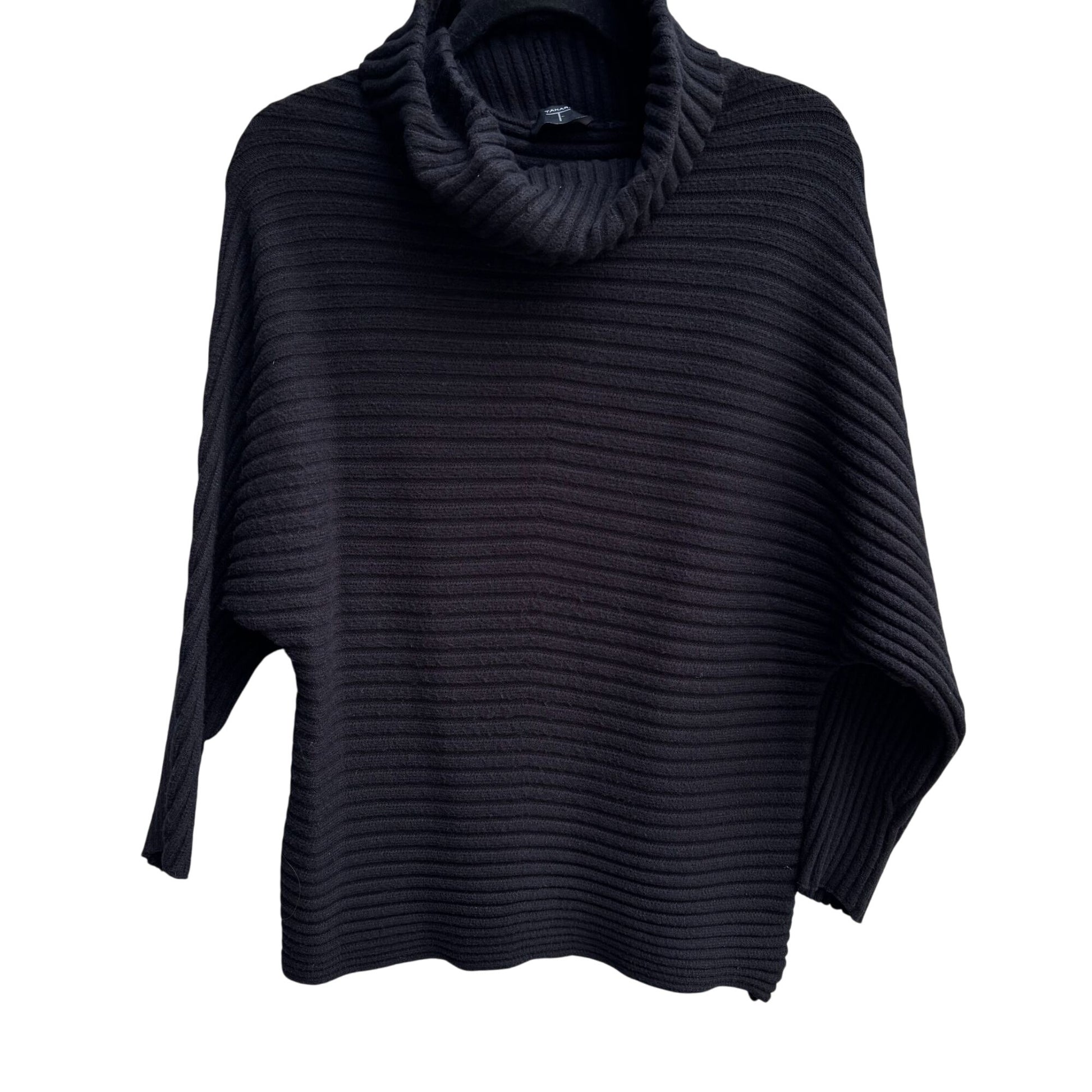 Tahari Womens Ribbed Knit Stretch Black Cowl Neck Dolman Long Sleeve Sweater L