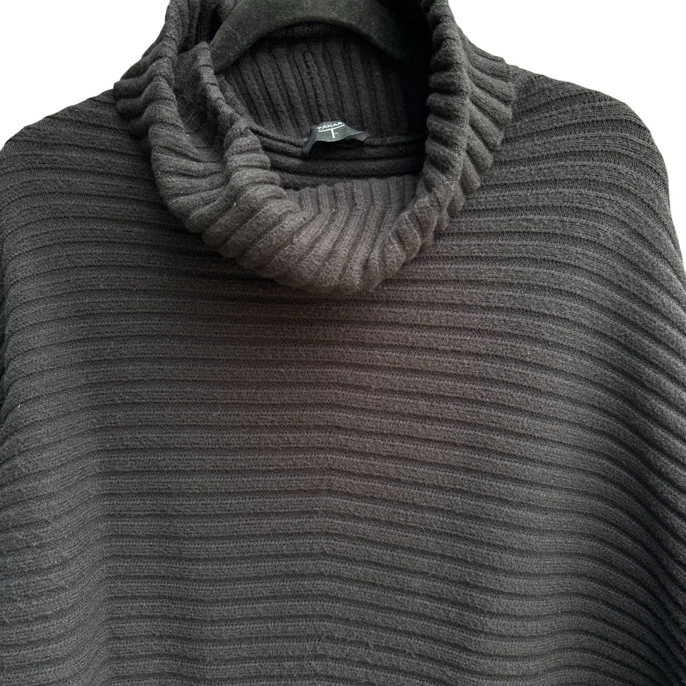 Tahari Womens Ribbed Knit Stretch Black Cowl Neck Dolman Long Sleeve Sweater L