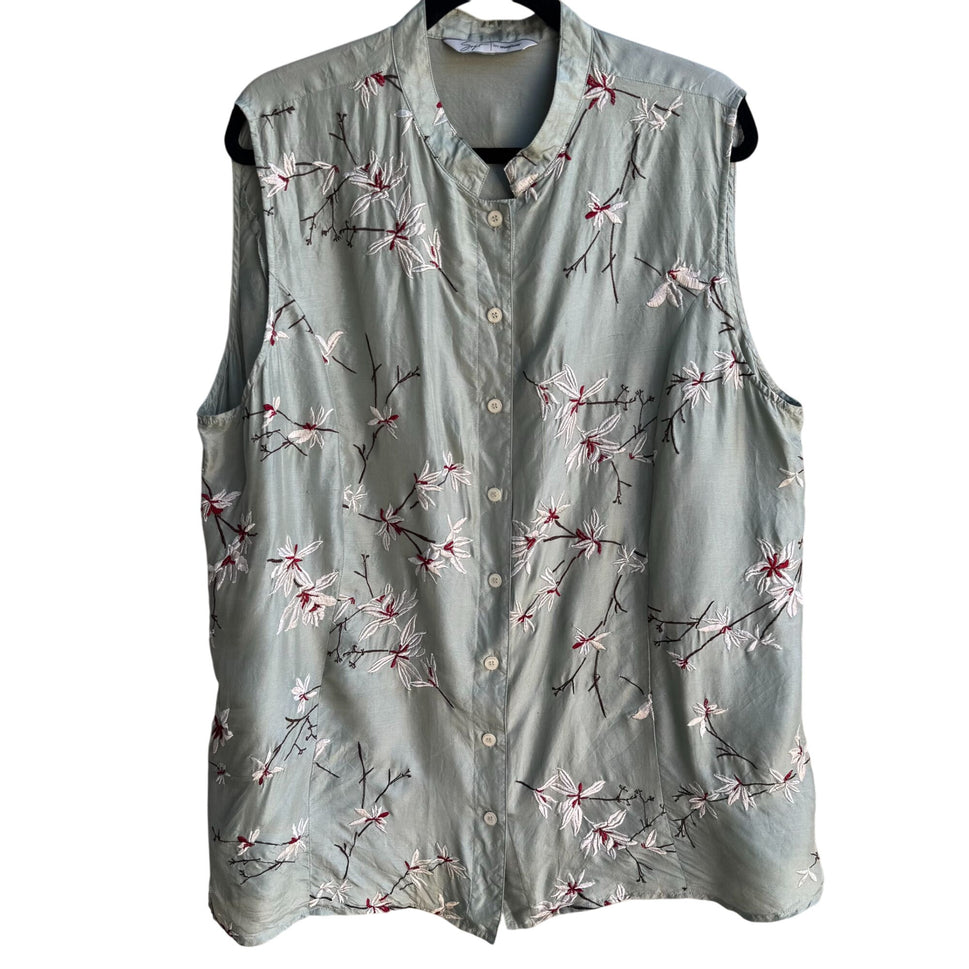 Soft By Avenue Womens Silk Sleeveless Floral Embroidered Button-Up Blouse 22/24